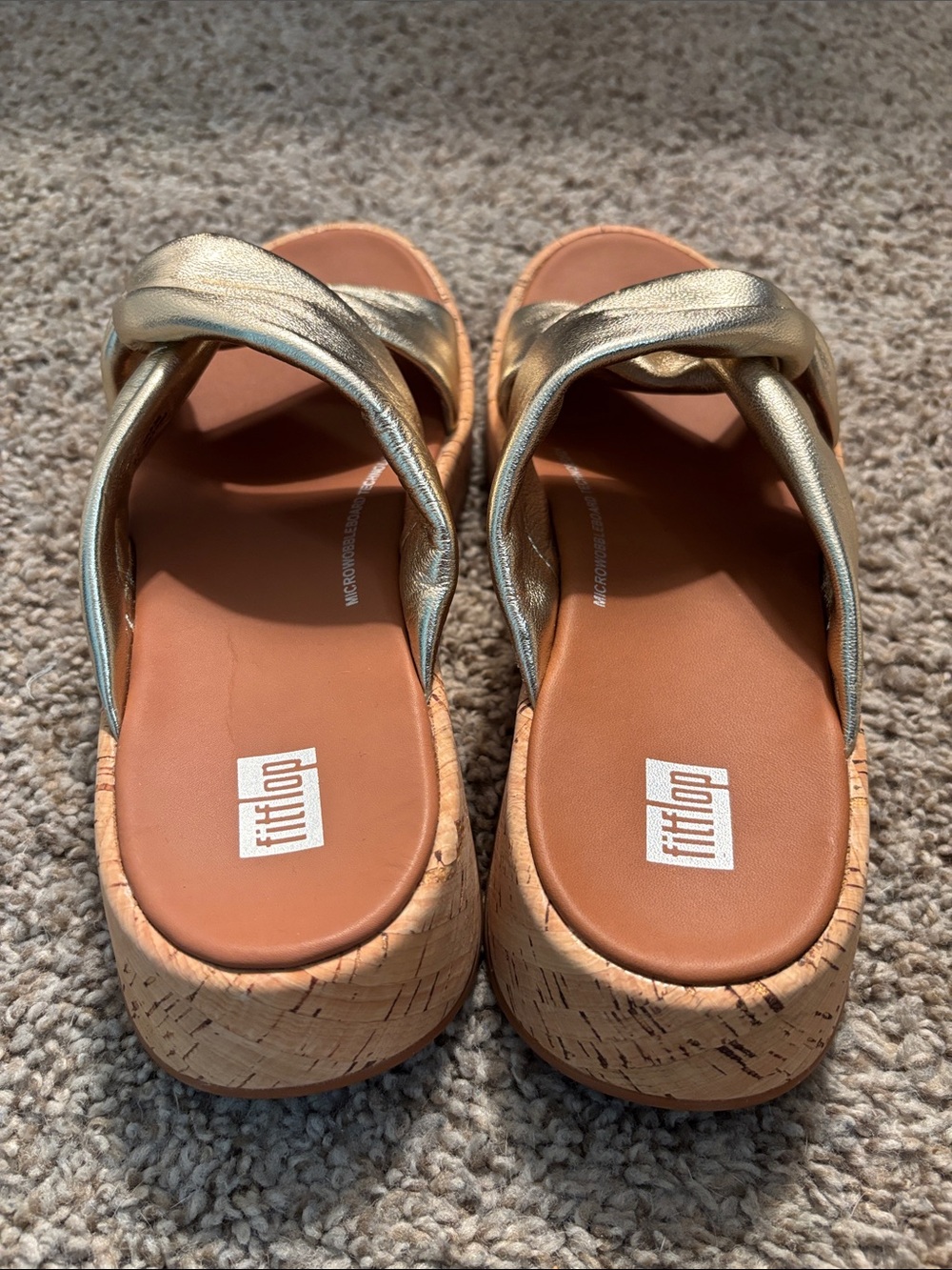 Fitflop F-Mode Leather Twist Platino Gold Cork Slide Sandal Size 6 - Picture 4 of 10